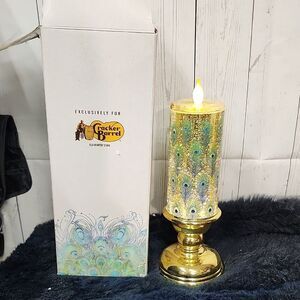 Cracker Barrel Gold and Blue Candle peacock feather glitter globe